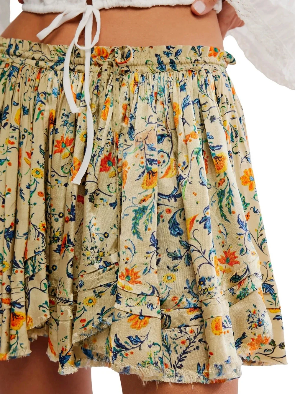 Tiered Floral Mini Skirt in Beige